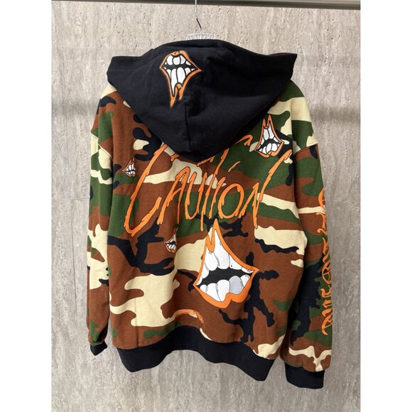 Chrome Hearts Camo Hoodie Jacket With Caution Graphic & Teeth Print Design - Picture 2 of 14